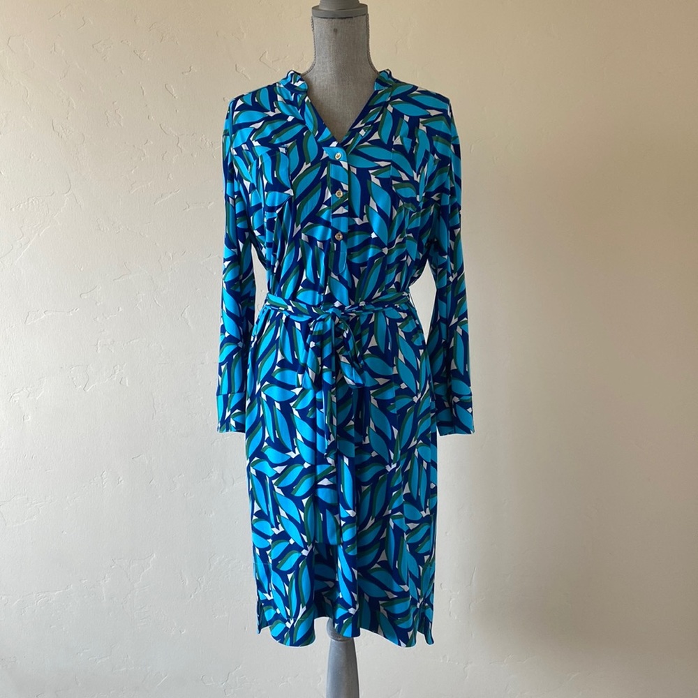 Donna Morgan High Neck Button Down Tie Waist Multi Print Jersey Dress-BLUE MULTI